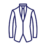 Icon of a double-breasted suit jacket in dark blue outline, depicting a formal attire.