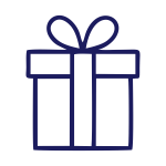A simple line drawing of a square gift box with a ribbon on top, depicted in a minimalistic style with purple outlines on a plain background.