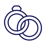 Icon depicting two overlapping wedding rings, designed in a simple, line-art style, primarily in a blue color.